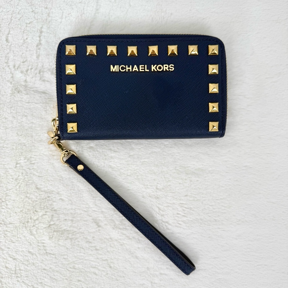 Michael Kors Navy Blue Wristlet with Gold Studs